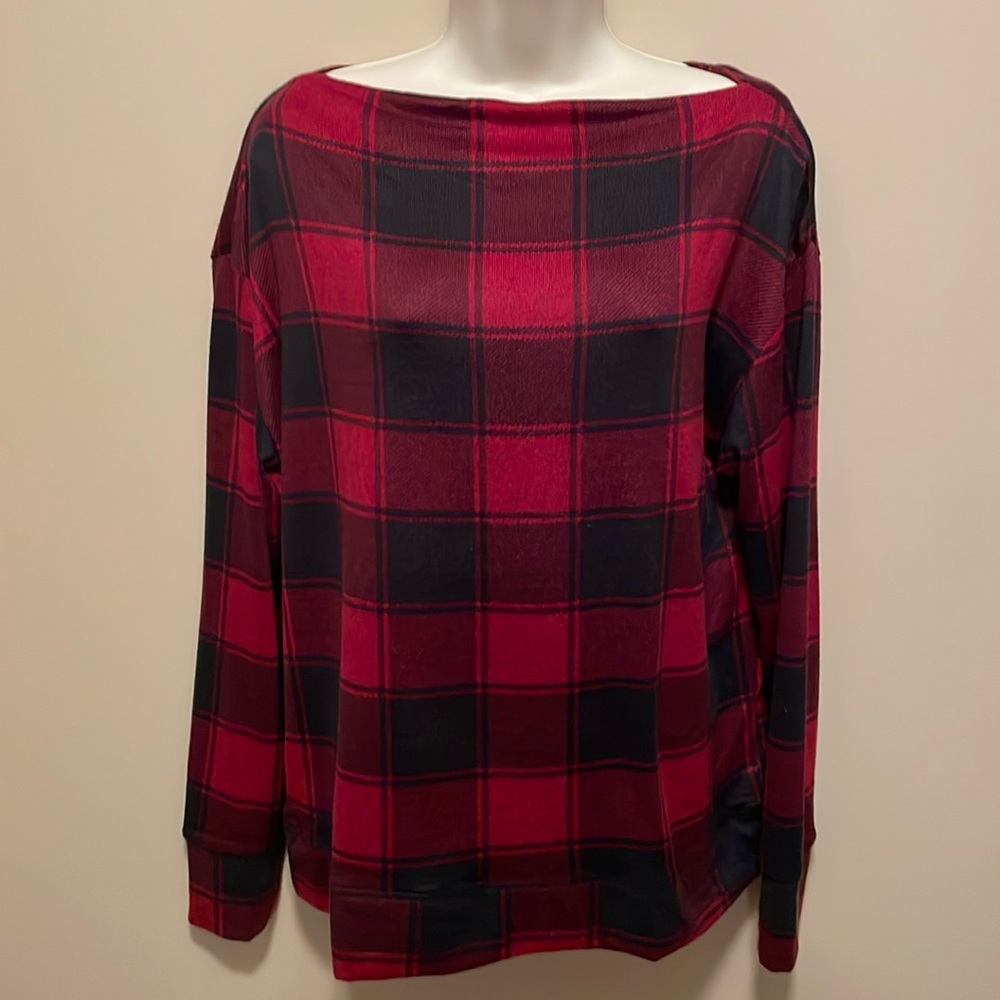 Red and black knit top